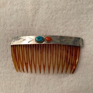 Vintage Silver Navajo Hair Comb with Turquoise and Coral Stones